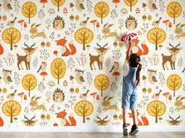 Kids nursery wallpaper with cute woodland animals trees mushrooms soft earthy colors
