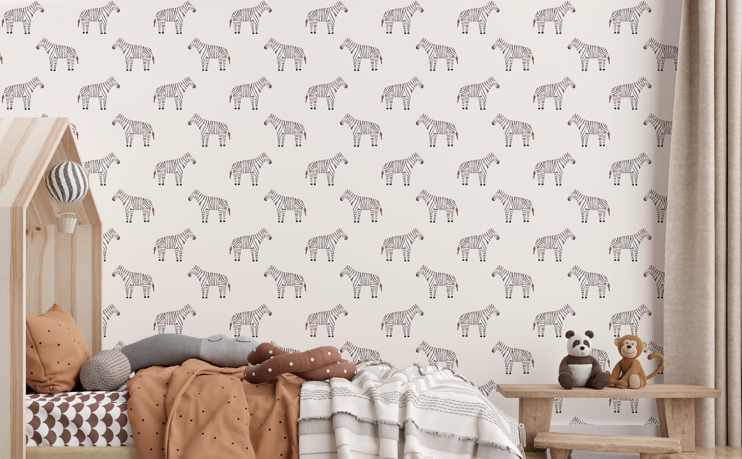Stylish kids bedroom interior decorated with safari zebra pattern wallpaper mural creating playful accent wall in modern children spaces