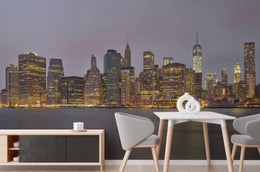 Designer dining area decorated with panoramic metropolitan skyline wallpaper creating bold architectural visual statement.