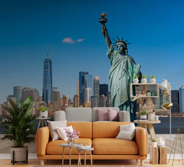 Blue sky Statue of Liberty wallpaper for living room New York skyline cityscape wall mural peel and stick