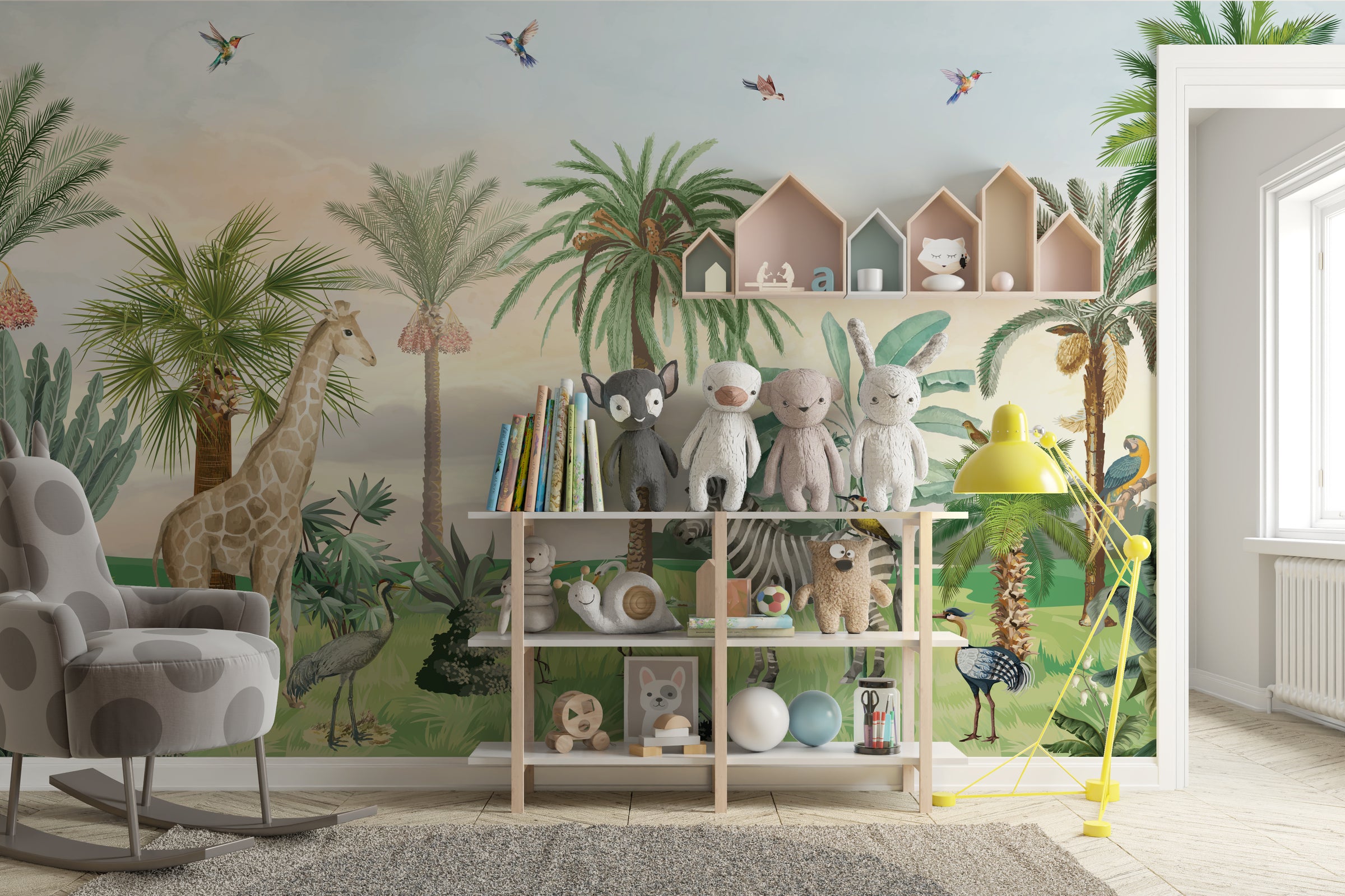 Pastel safari wallpaper with birds, palm trees, wildlife scene for baby room
