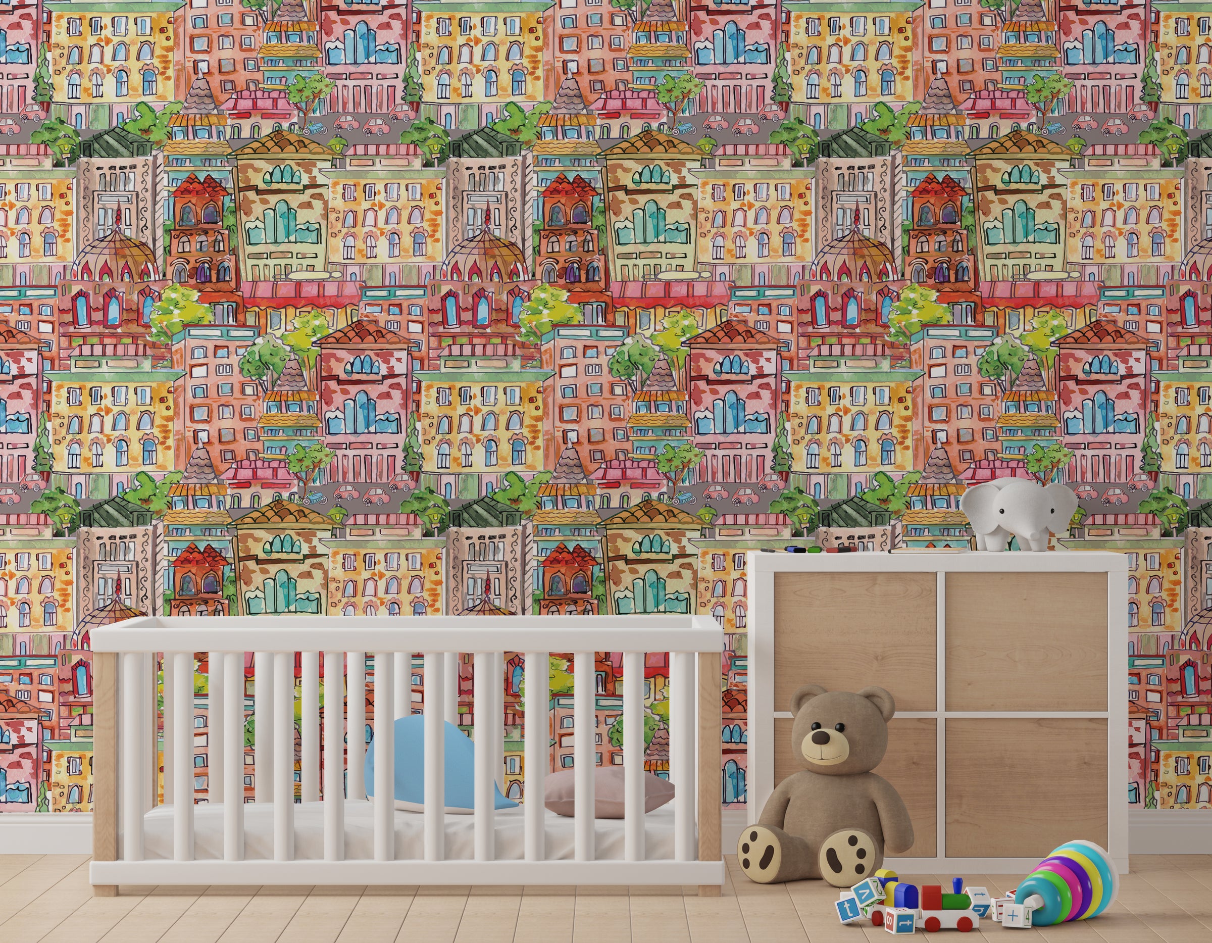Bedroom wallpaper with colorful cartoon buildings theme creating lively kids room atmosphere