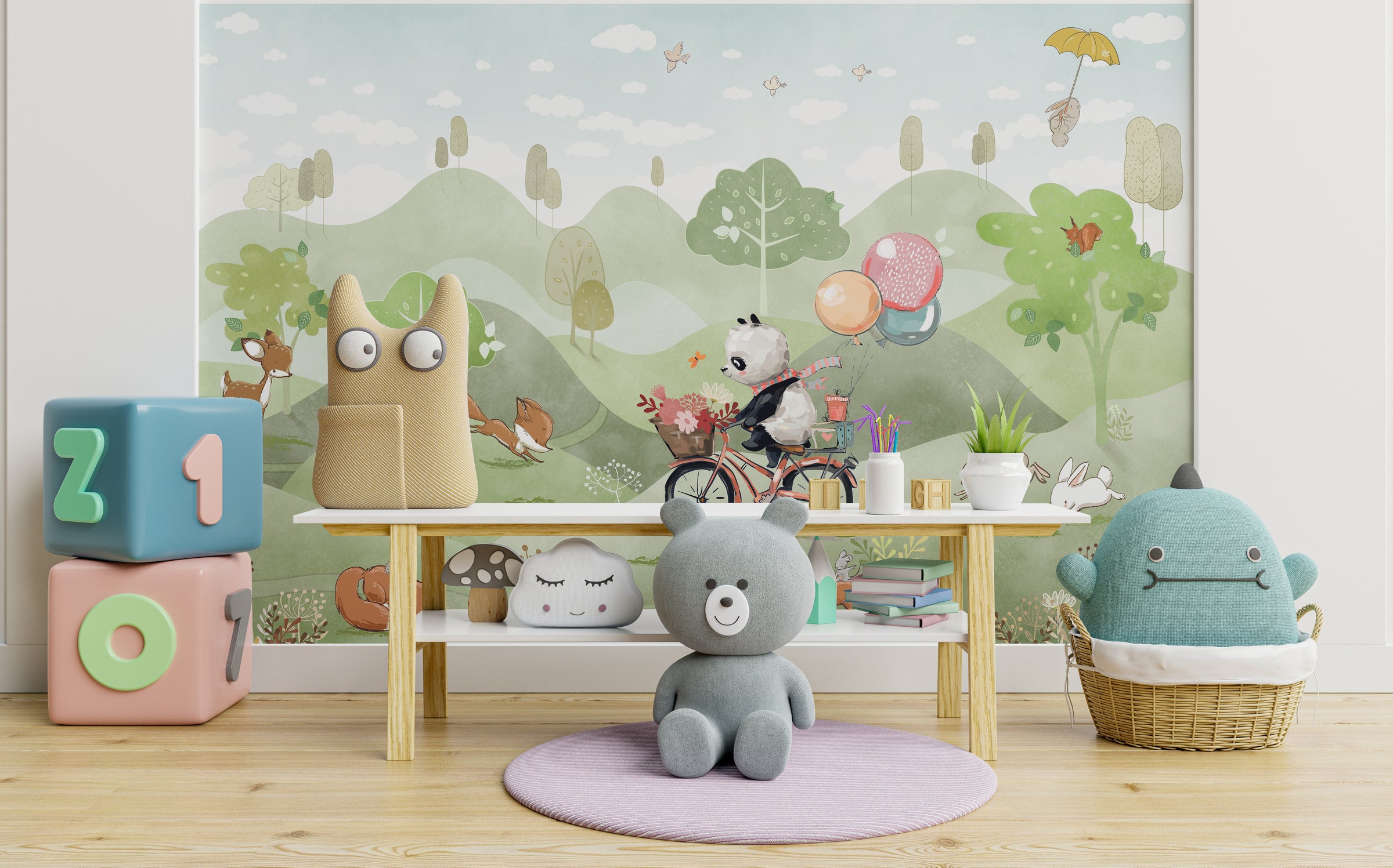 Playroom wallpaper with cartoon panda bicycle, rabbits, and dreamy woodland background