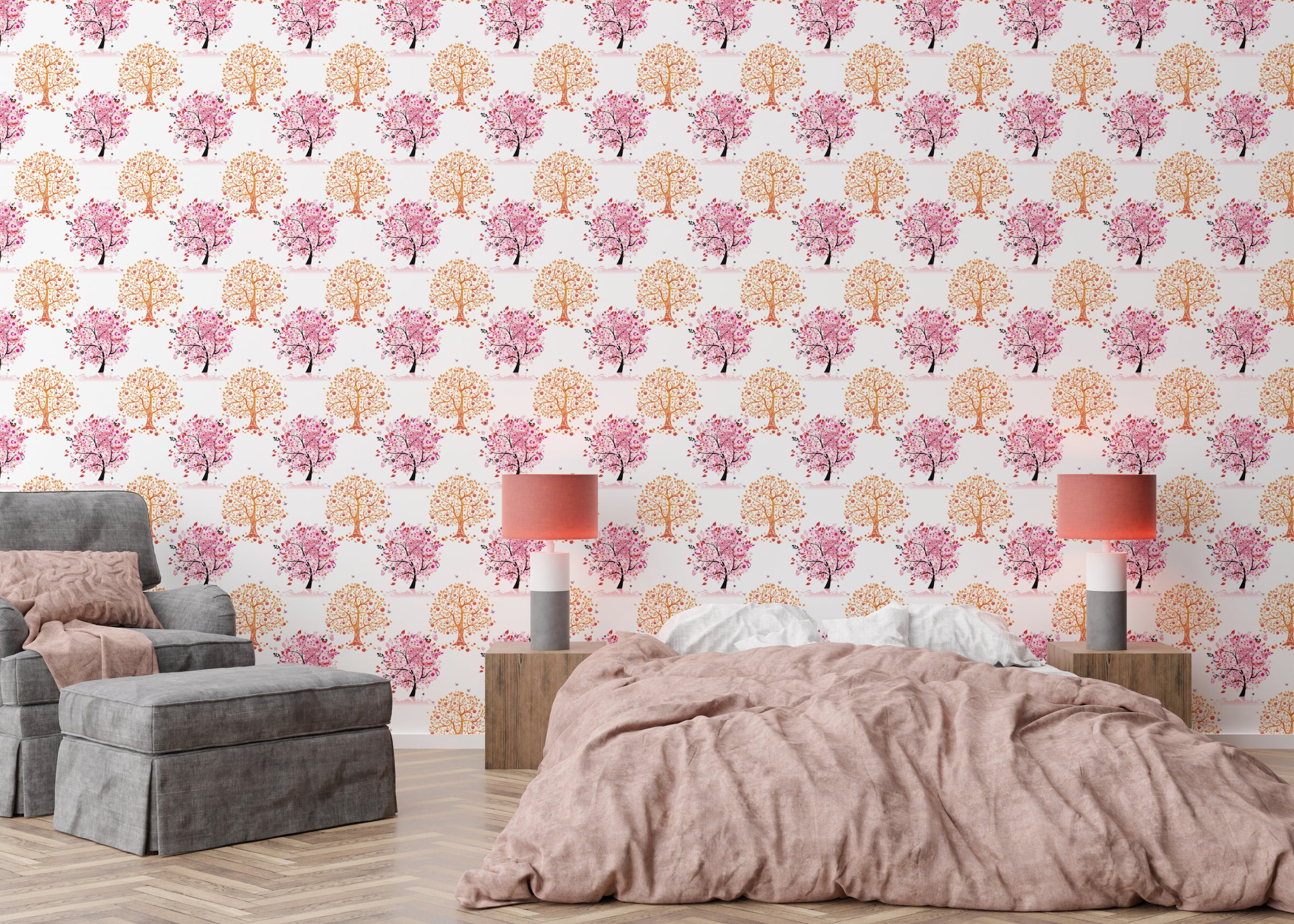 Repeating Pink Tree Wallpaper | Floral Peel and Stick Wallpaper