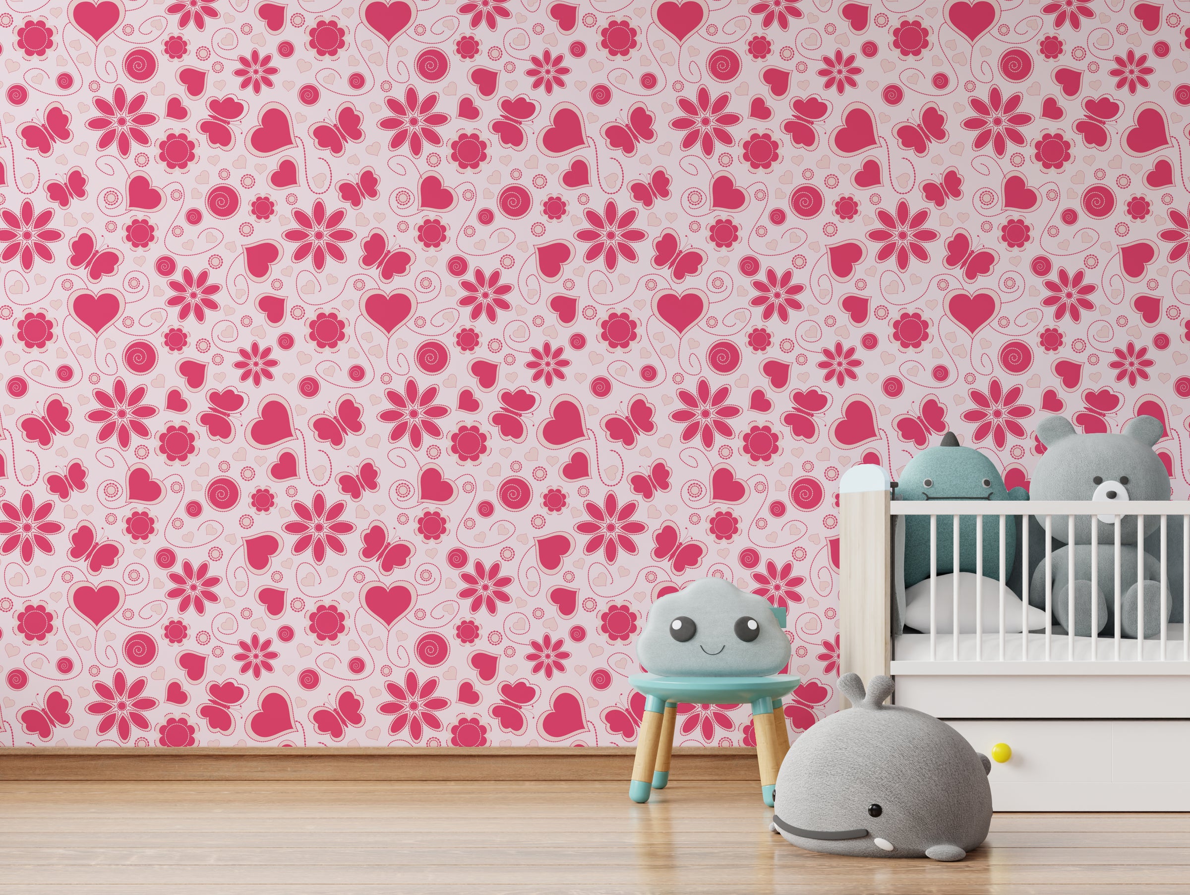 Pink Floral Heart Pattern Wallpaper | Bedroom Removable Home Decor