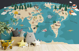 World map animal wallpaper in soft blue tones for kids nursery decor