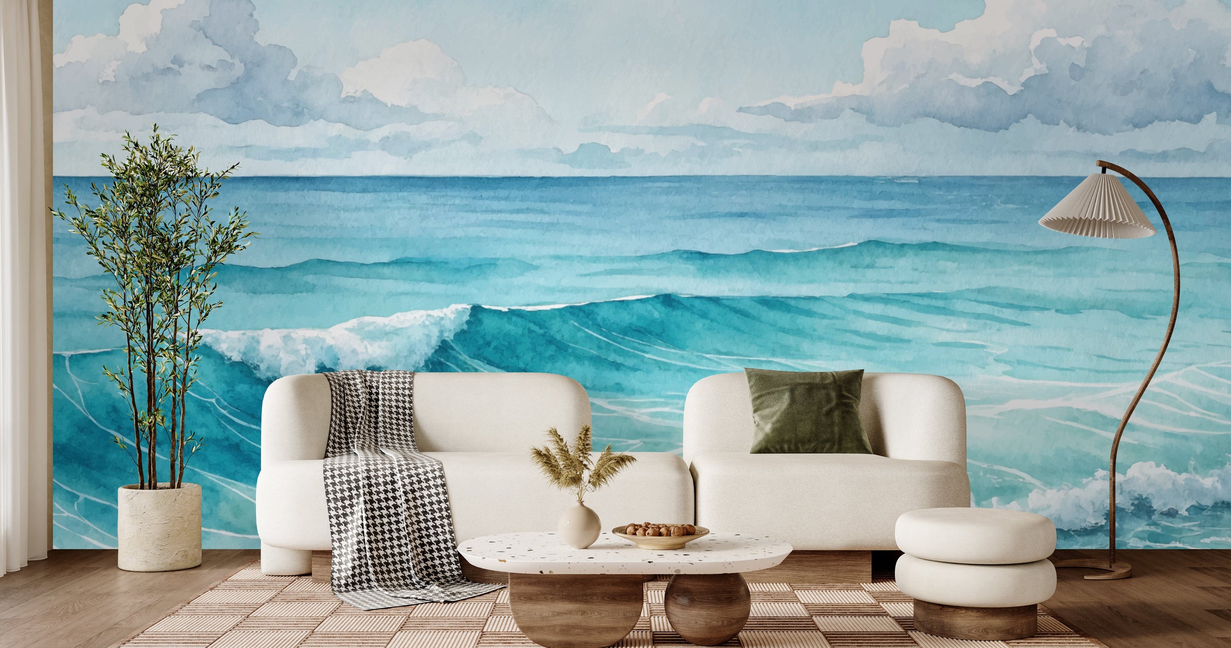 Luxury ocean wave wallpaper with deep blue tones transforms modern living room statement wall