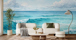 Luxury ocean wave wallpaper with deep blue tones transforms modern living room statement wall
