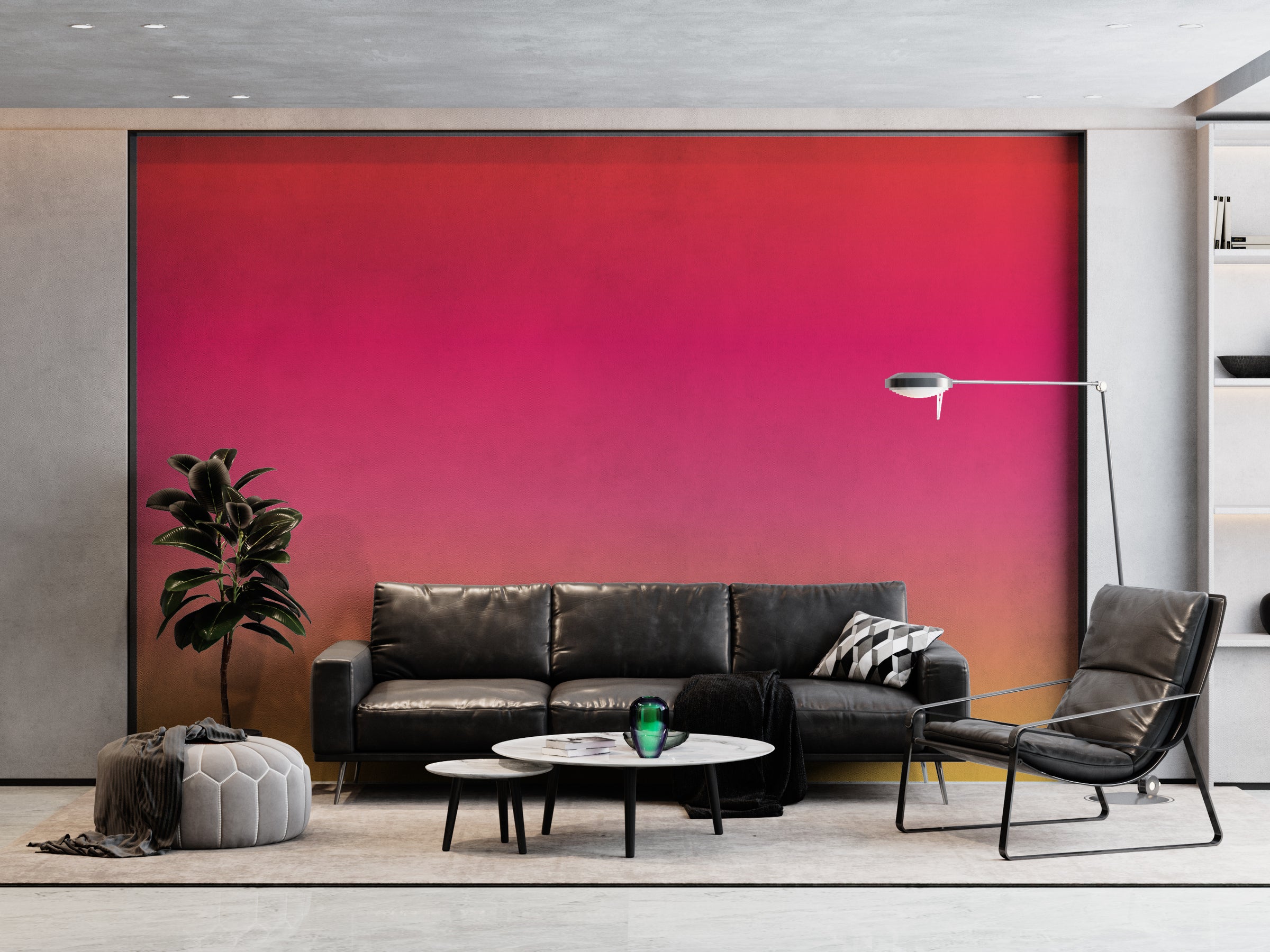 Luxury lounge decor with gradient wall design, soft pink orange fade, built for modern homes