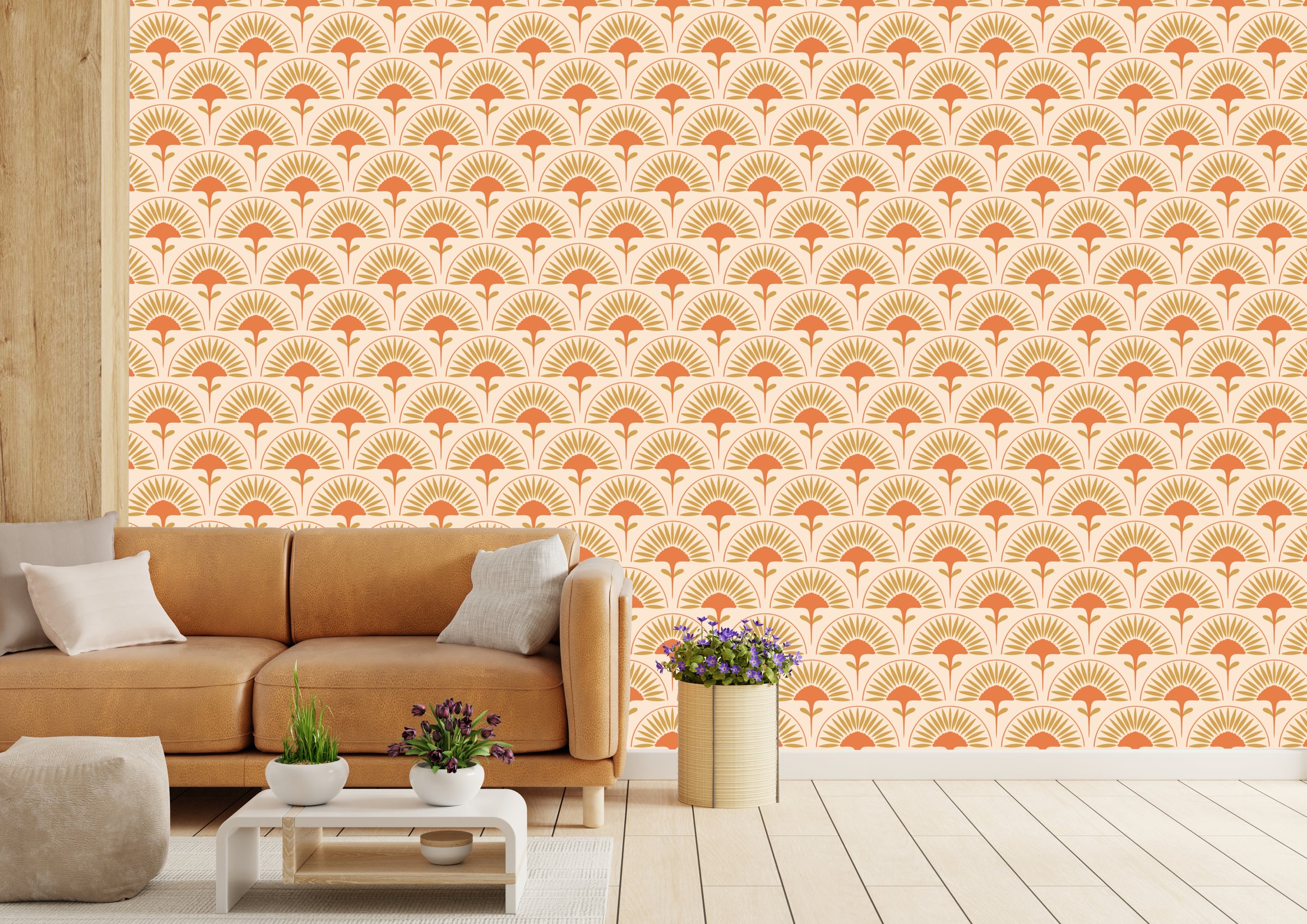 Vintage geometric fan design wallpaper for cozy bedroom background