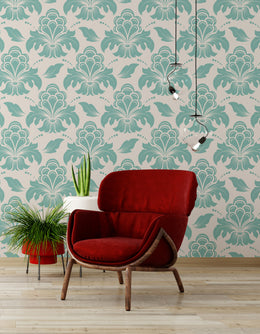 Teal floral damask wallpaper for modern sitting area with wooden flooring