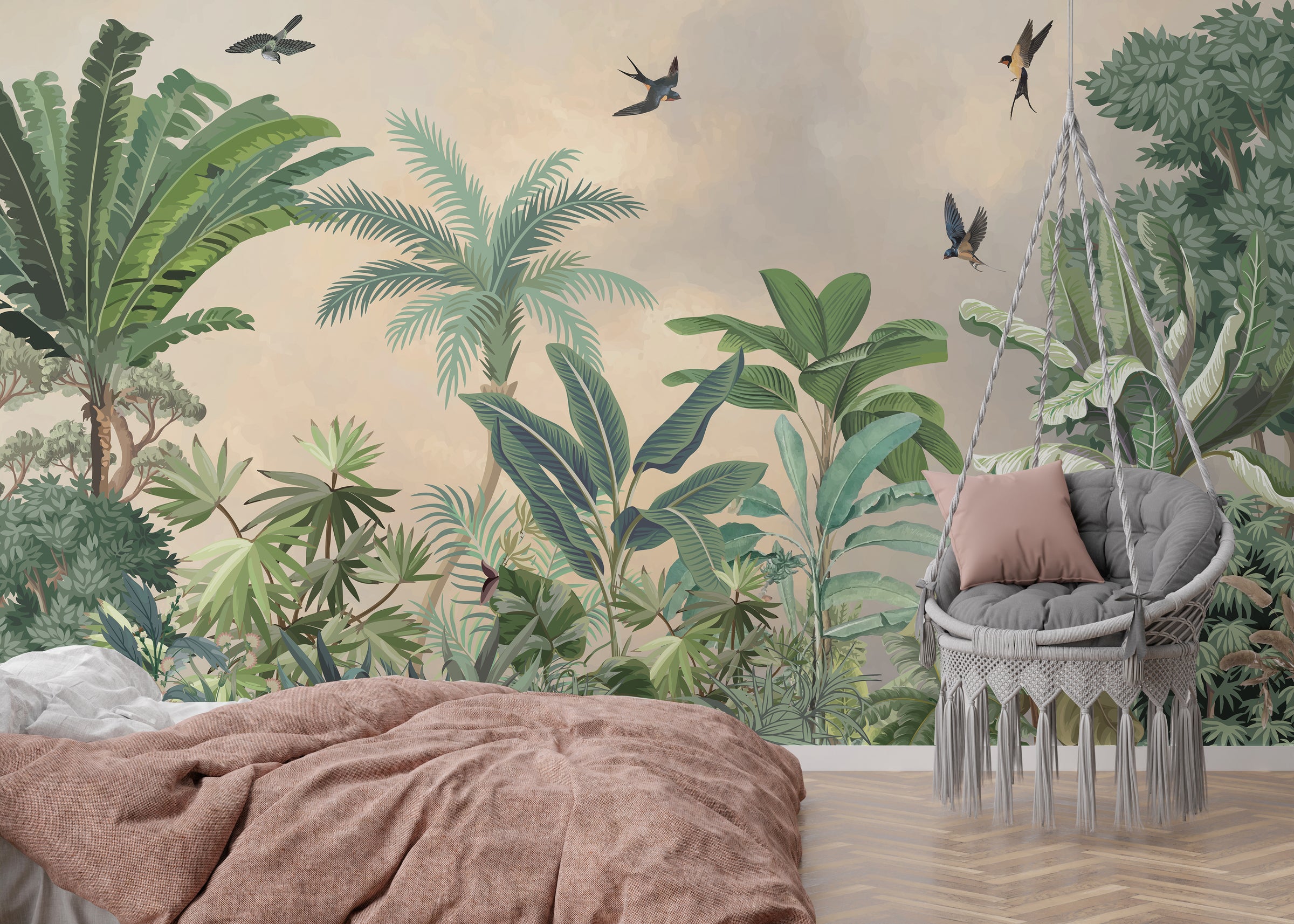 Peel and stick rainforest leaf mural illustrating tropical plants and birds in flight enhancing a calm bedroom interior feature wall with natural earthy palette.
