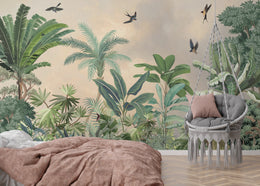 Peel and stick rainforest leaf mural illustrating tropical plants and birds in flight enhancing a calm bedroom interior feature wall with natural earthy palette.