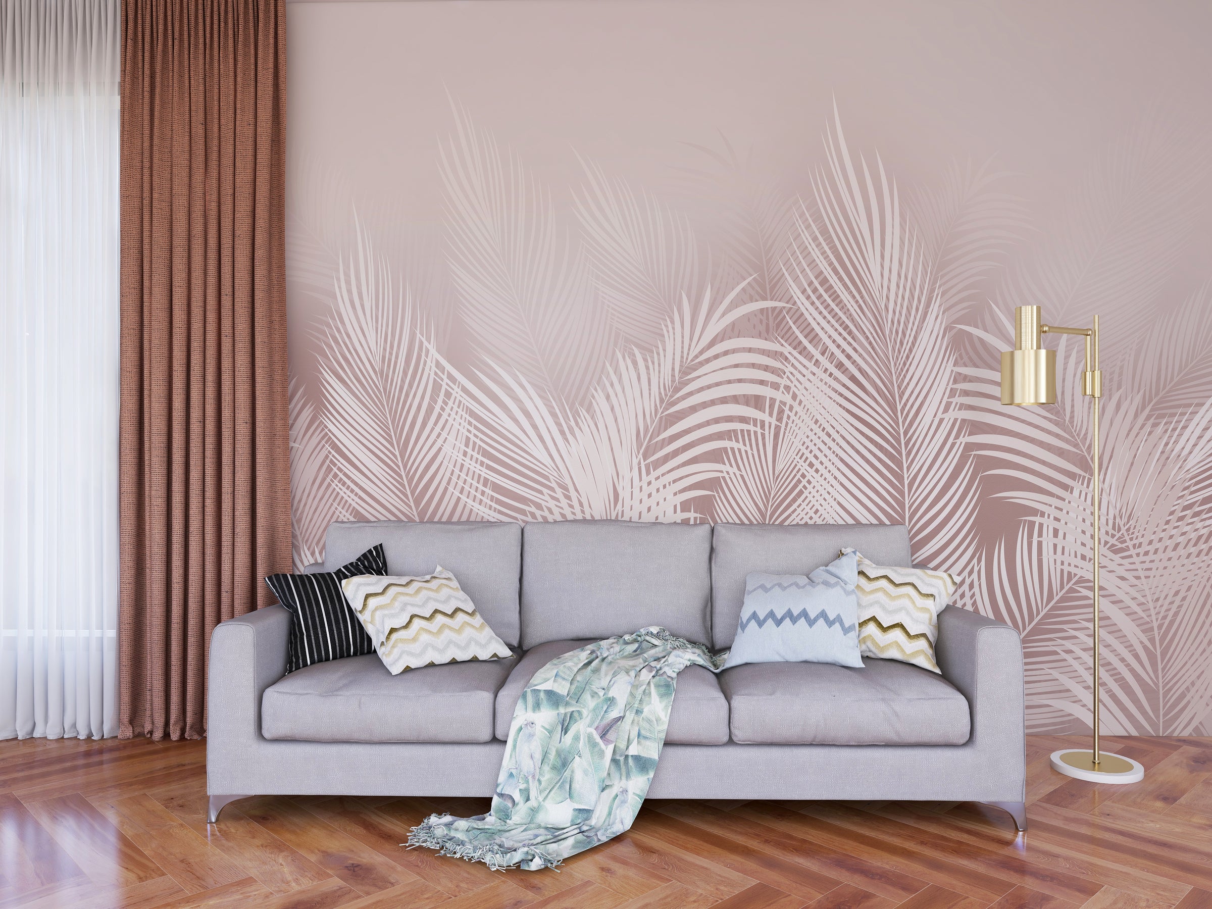 Blush palm leaf wall mural creating elegant botanical accent in modern living room decor