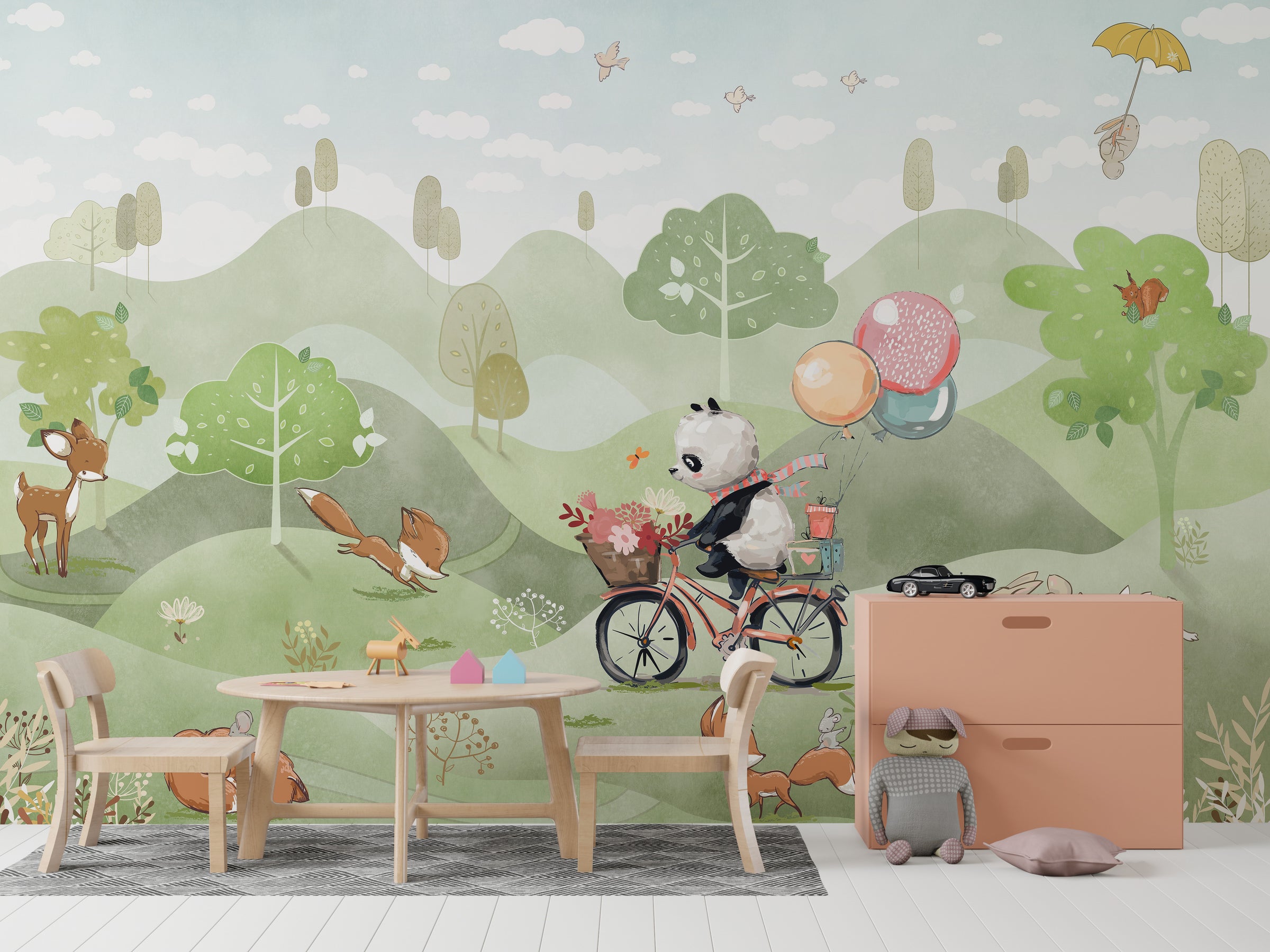 Kids bedroom accent wall with playful woodland animals and colorful balloon adventure scene