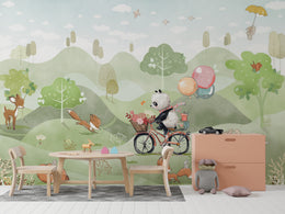 Kids bedroom accent wall with playful woodland animals and colorful balloon adventure scene