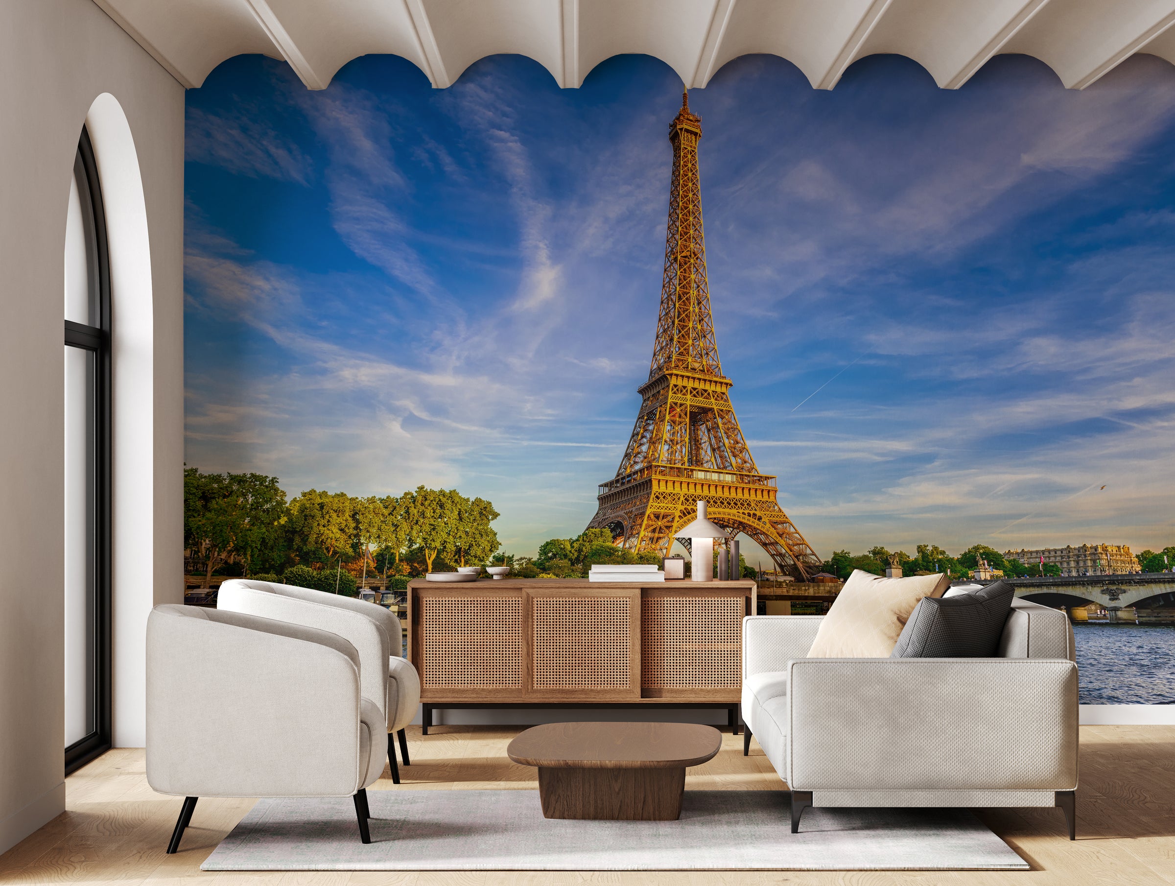 Paris skyline mural featuring Eiffel Tower monument beside river for contemporary lounge space