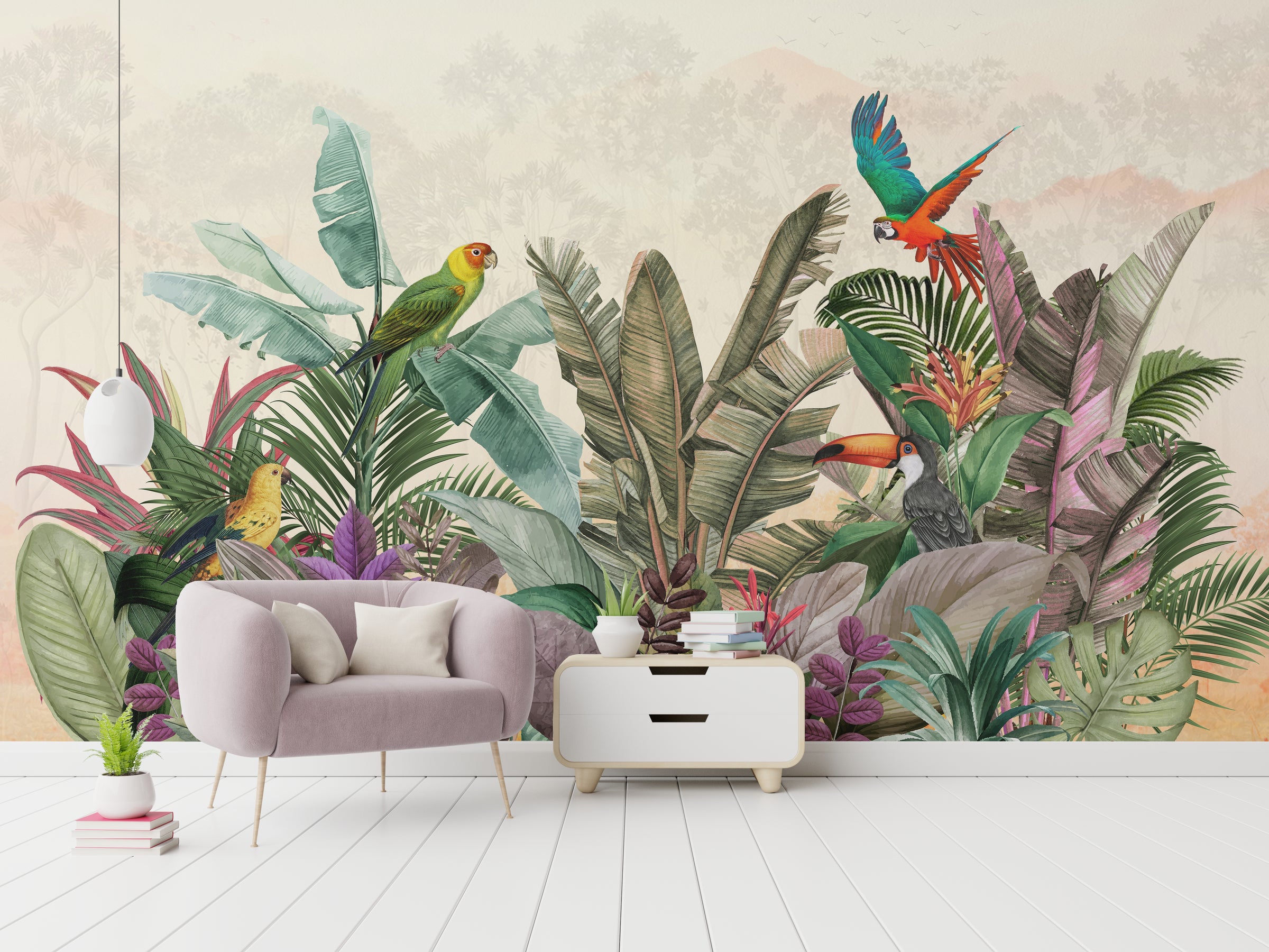 Colorful jungle parrot illustration wallpaper with tropical greenery for home office interior