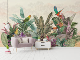 Colorful jungle parrot illustration wallpaper with tropical greenery for home office interior