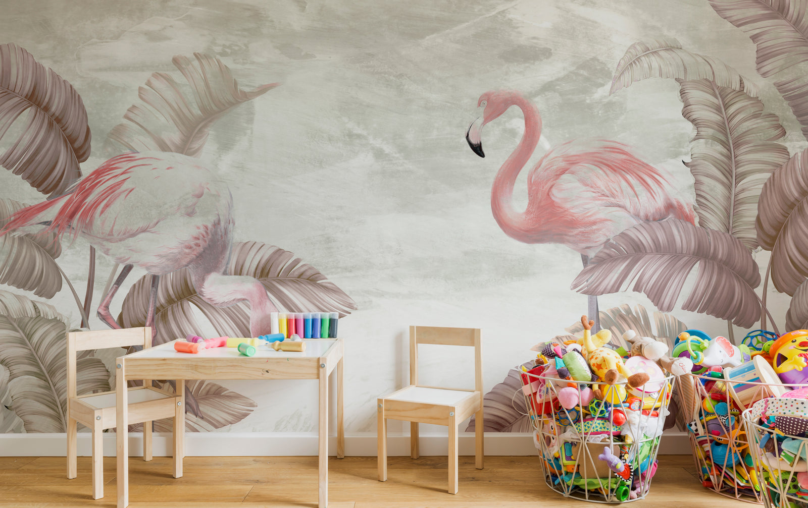 Pastel flamingo wallpaper with tropical leaf pattern for nursery room decor setup