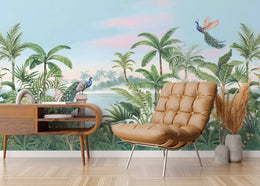Tropical garden peacock mural with lush botanical leaves for home office interior styling