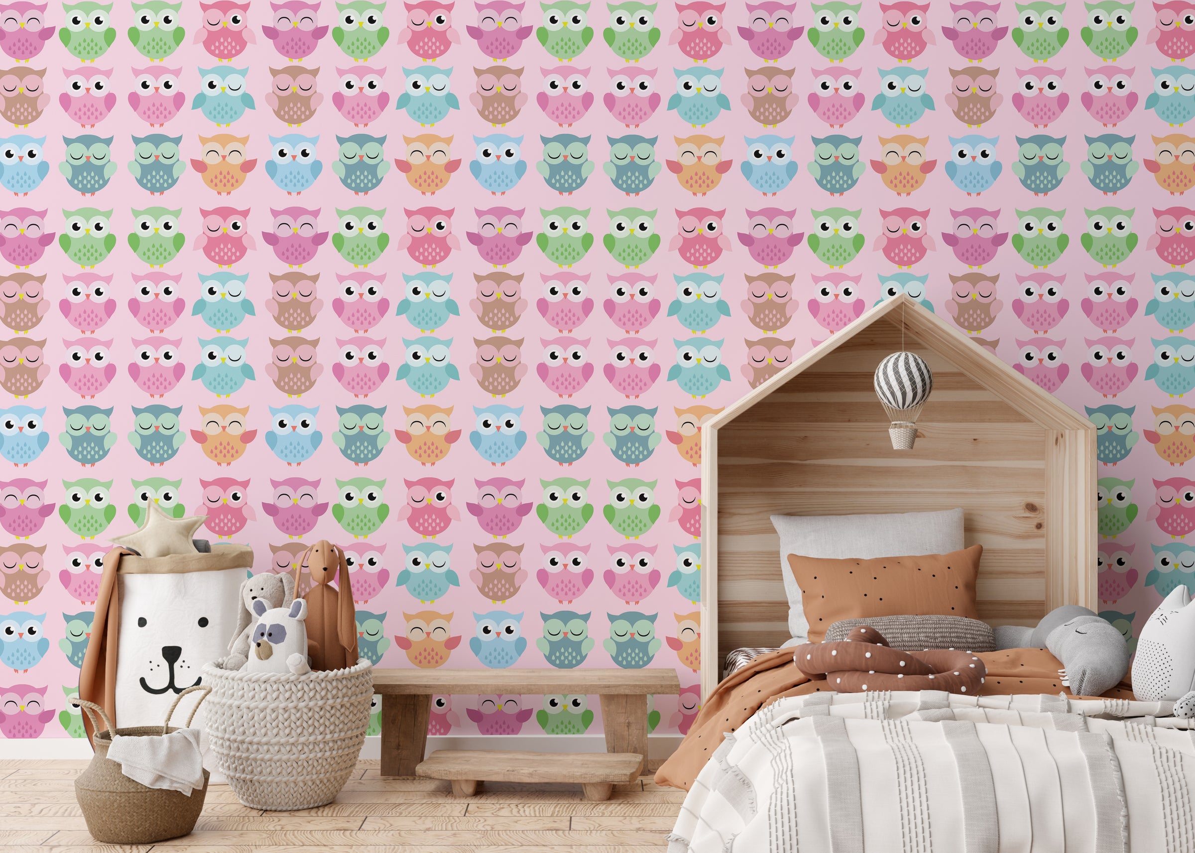 Elegant bedroom accent wall wallpaper designed with pastel cartoon owl print, perfect for children wall decor