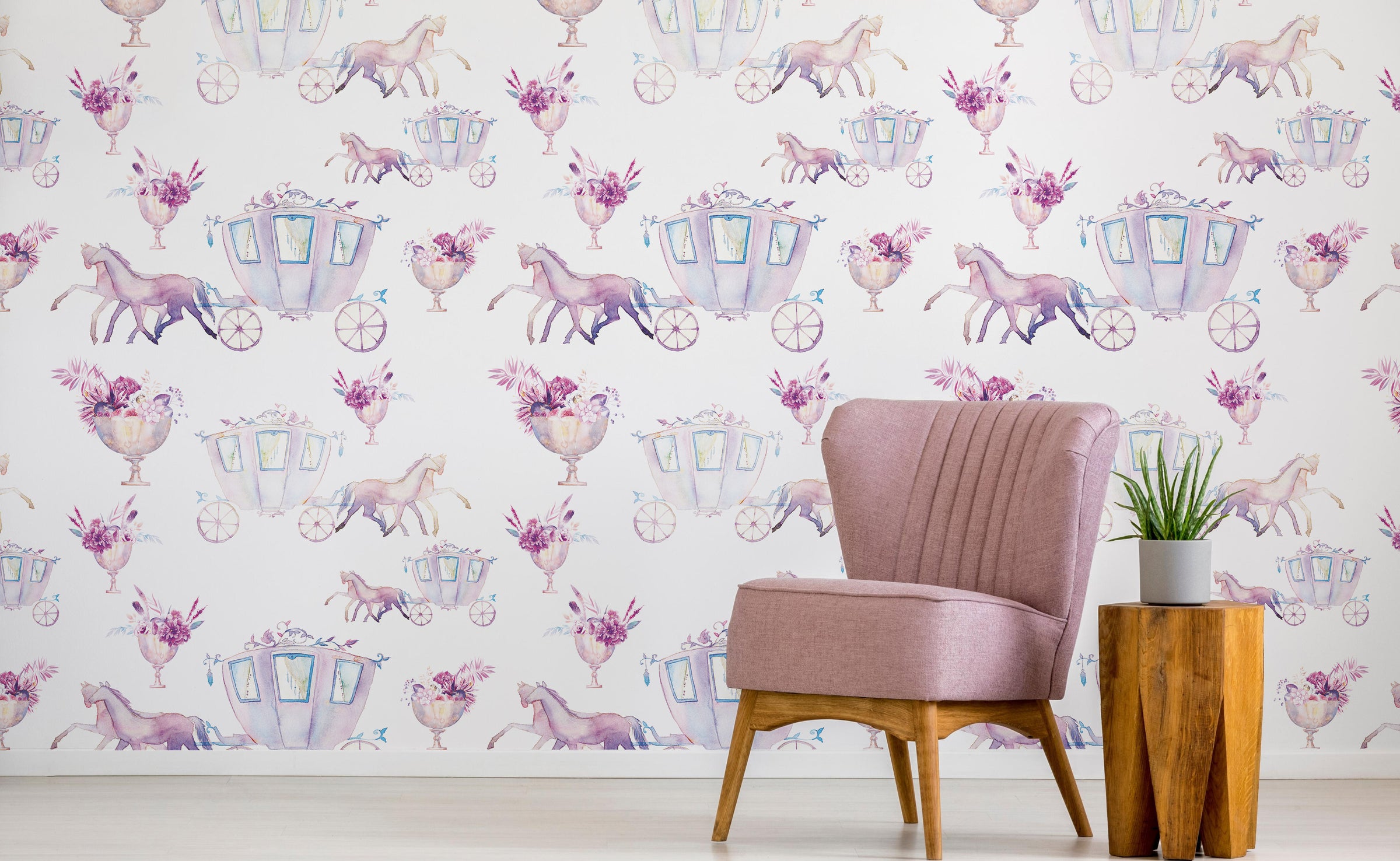Horse carriage wallpaper with floral artwork, pink kids bedroom decor aesthetic