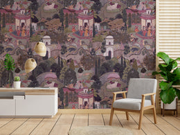 Elegant bedroom feature wall wallpaper showcasing intricate Indian heritage garden scene in muted pink and olive tones