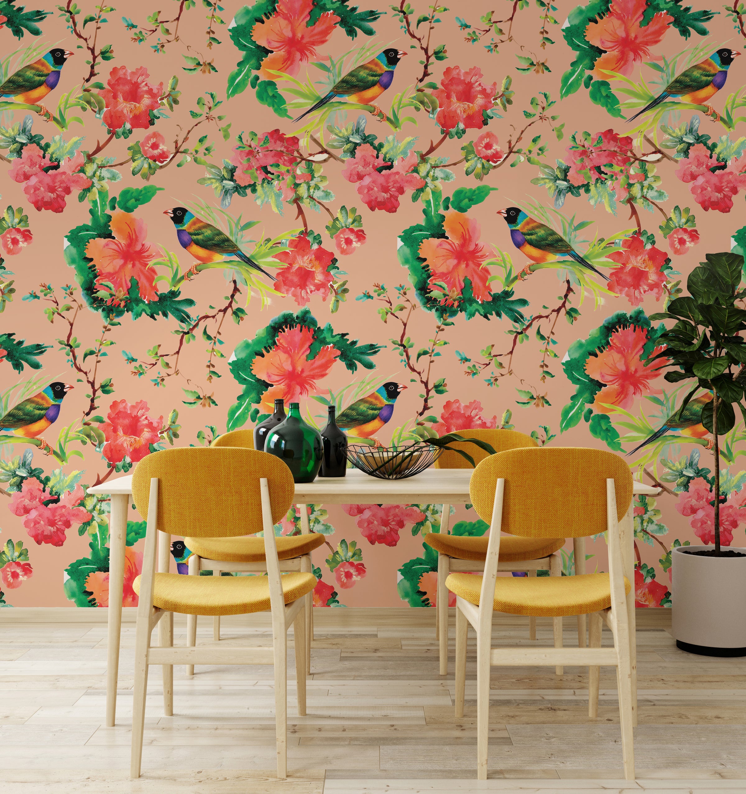 Contemporary cafe accent wall wallpaper featuring tropical birds and peach floral mural style