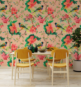 Contemporary cafe accent wall wallpaper featuring tropical birds and peach floral mural style