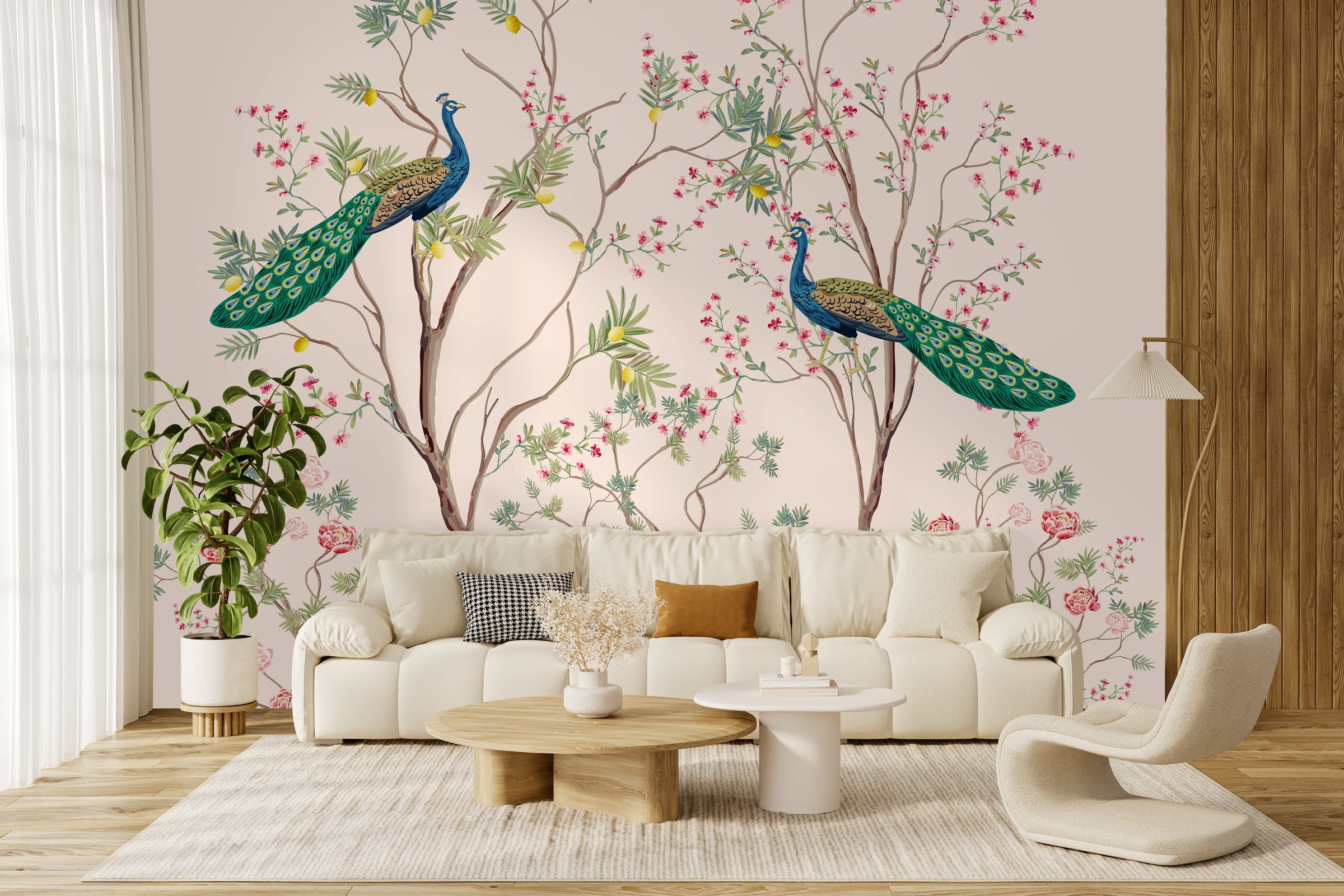 Stylish living room wallpaper featuring blush pink blossom tree with peacocks, elegant decor
