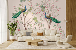 Stylish living room wallpaper featuring blush pink blossom tree with peacocks, elegant decor