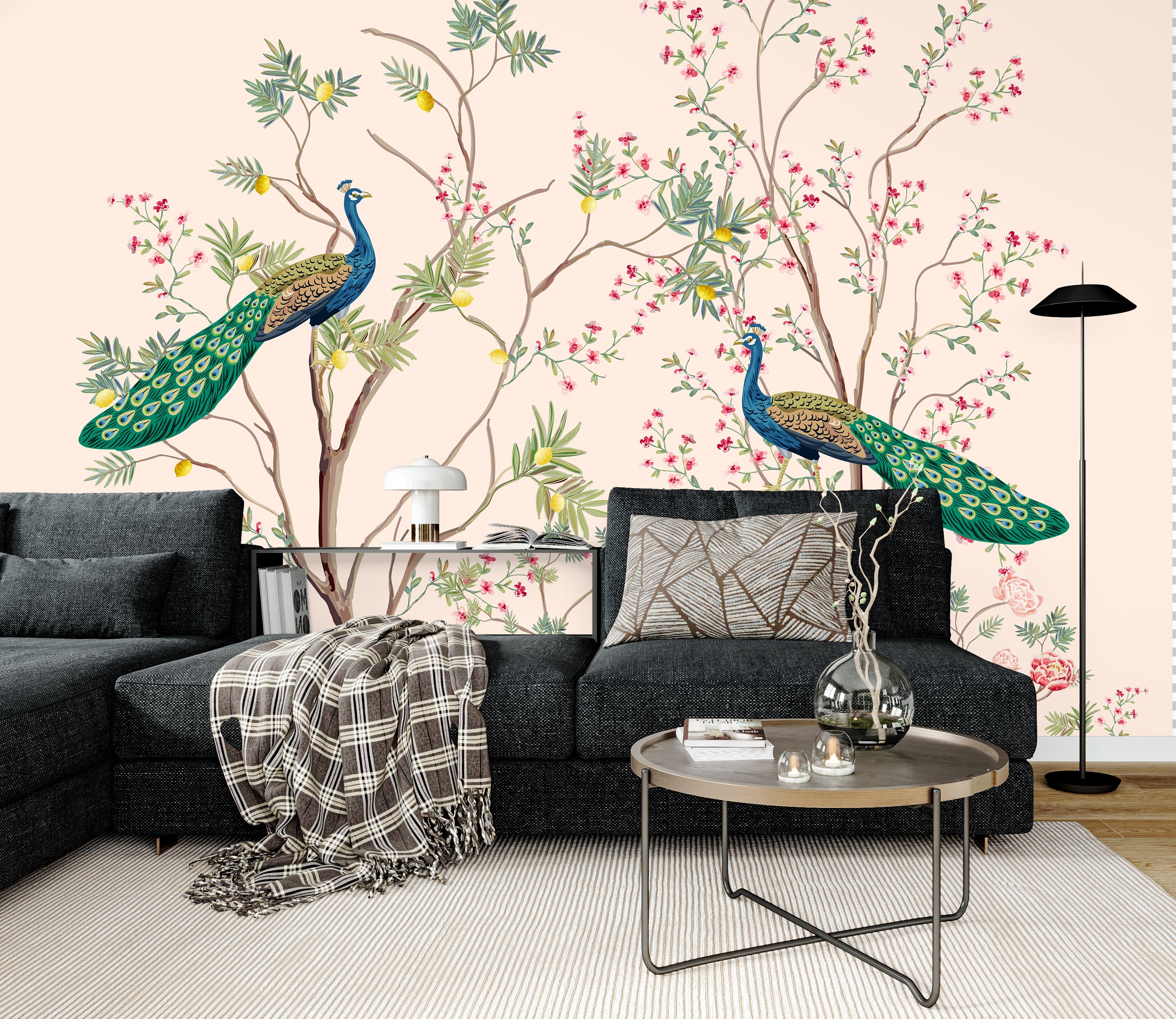 Modern bedroom wall design with soft beige background, floral branches, colorful peacock motif