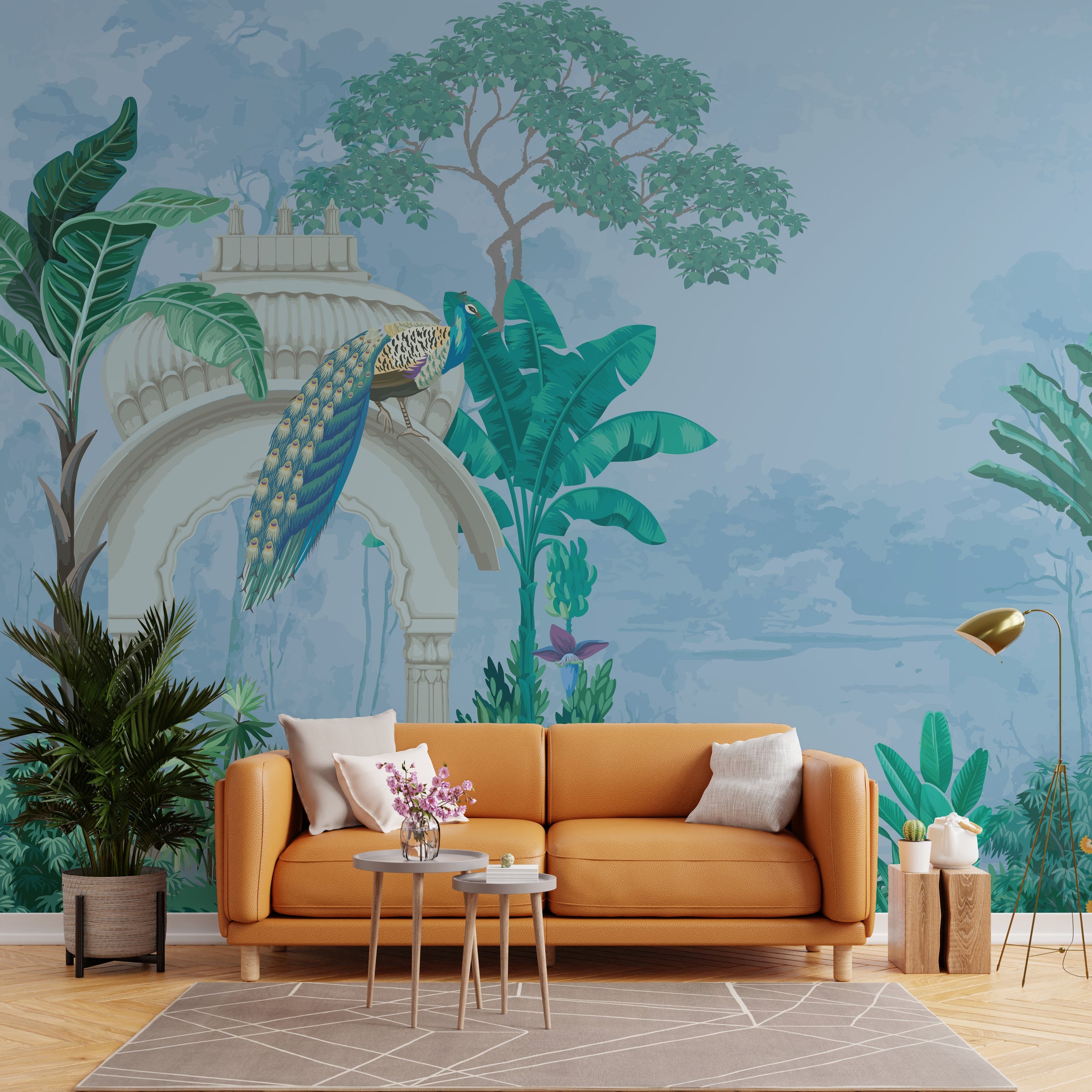 Botanical bird design with beige floral branches for modern living room accent wall