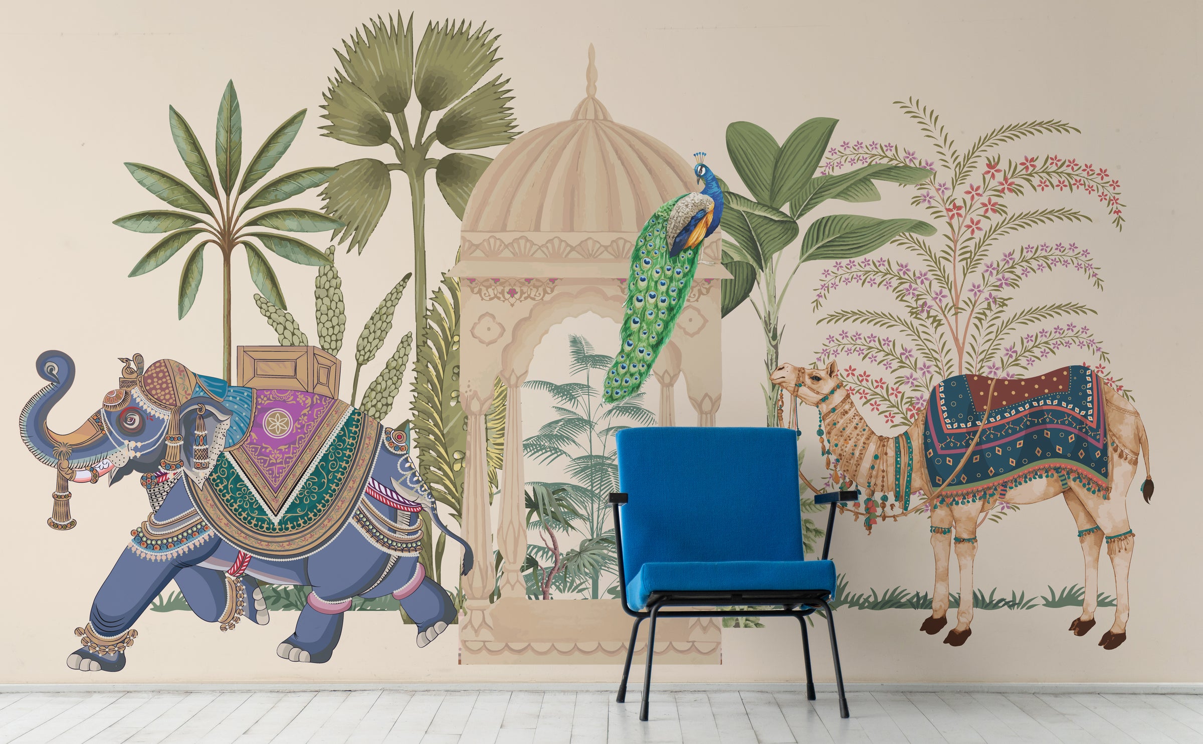 Mughal garden mural with detailed elephant peacock and tropical plants for office interior