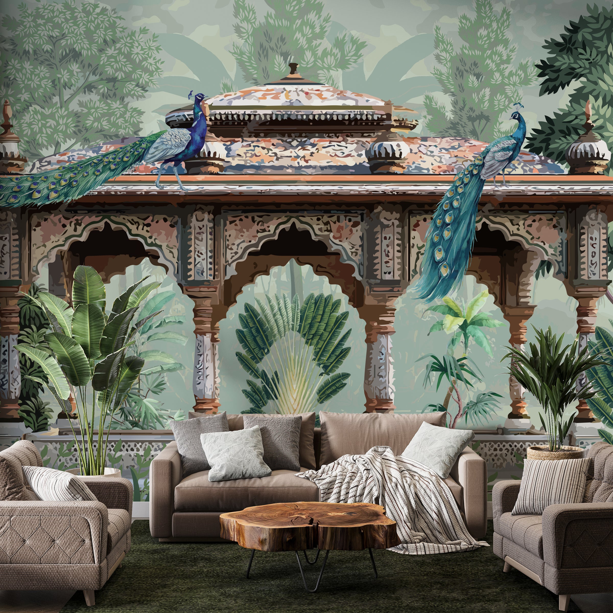 Peacock mural with tropical foliage and palace arches in green living room decor