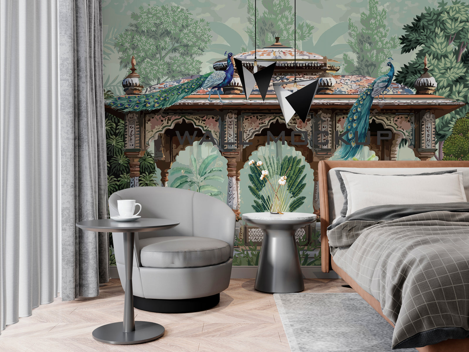 Vintage peacock scene highlighting palace structure and tropical plants for hallway decor