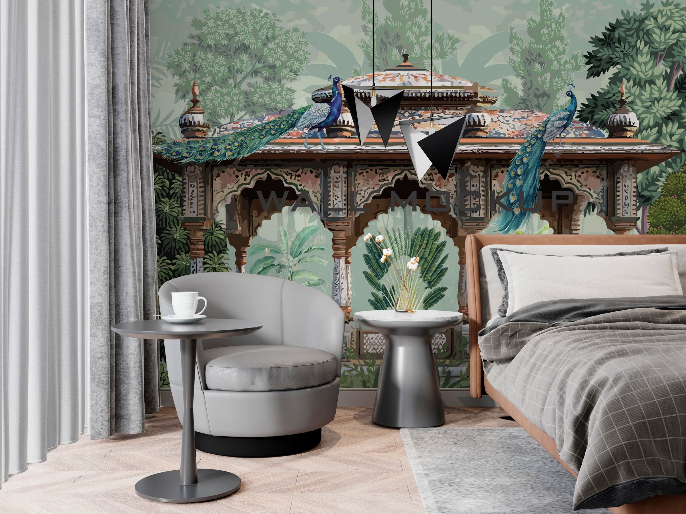Vintage peacock scene highlighting palace structure and tropical plants for hallway decor