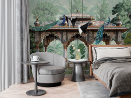 Vintage peacock scene highlighting palace structure and tropical plants for hallway decor