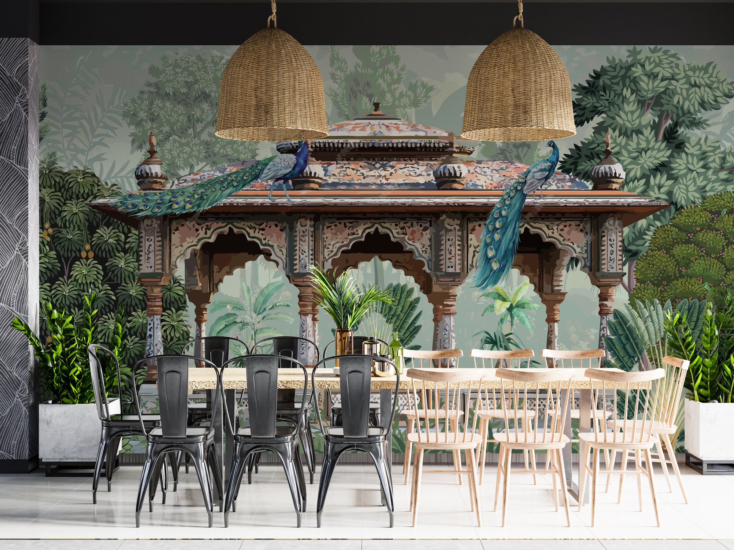 Royal peacock artwork with botanical leaves and heritage arches for dining room ambiance