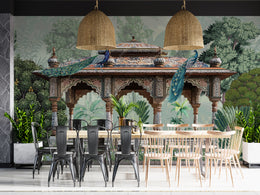 Royal peacock artwork with botanical leaves and heritage arches for dining room ambiance