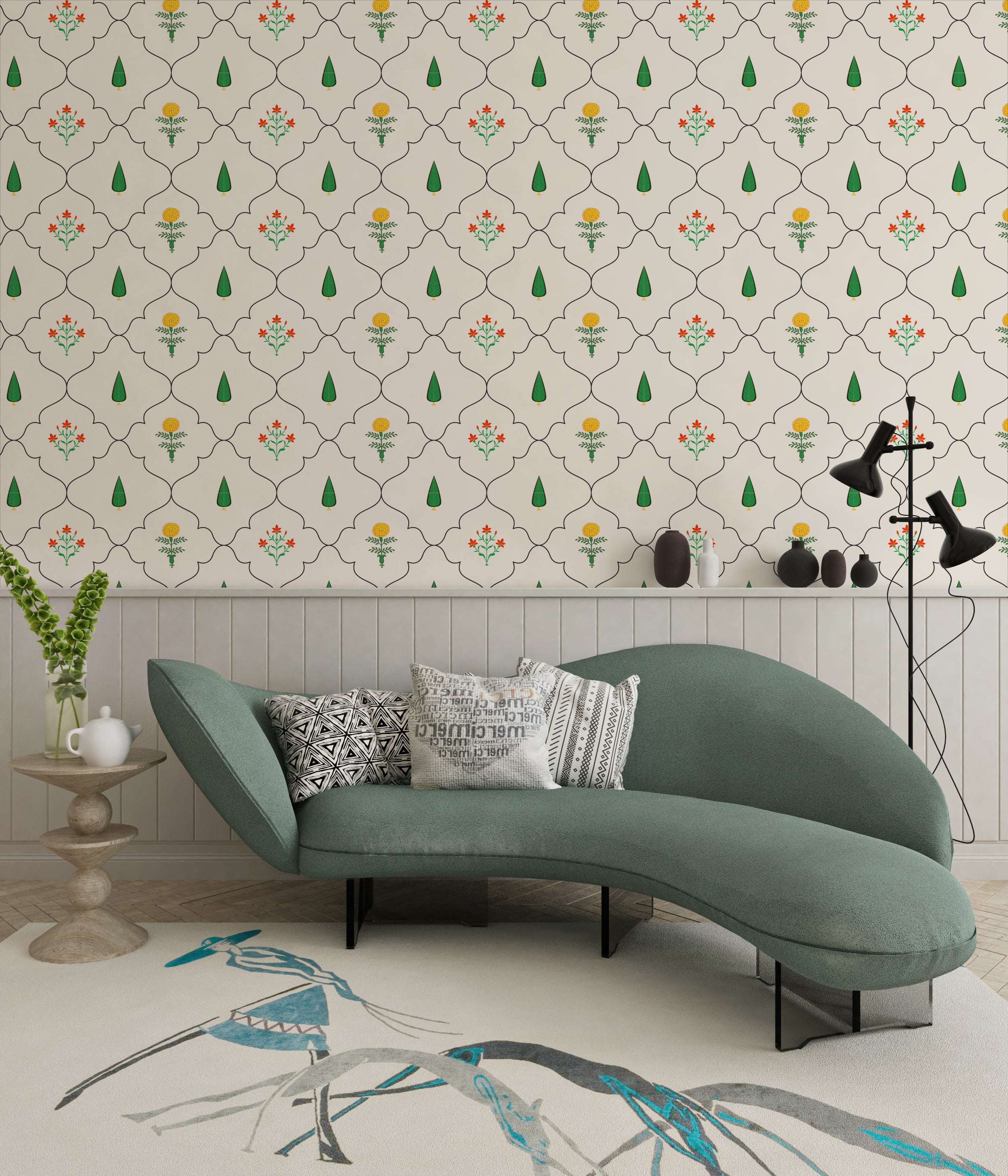 Floral trellis wallpaper with green and orange pattern for stylish living room decor