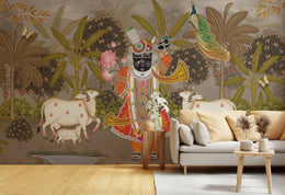 Indian Pichwai Wallpaper | Shreenath Ji Art Pooja Room Peel Stick Wallpaper