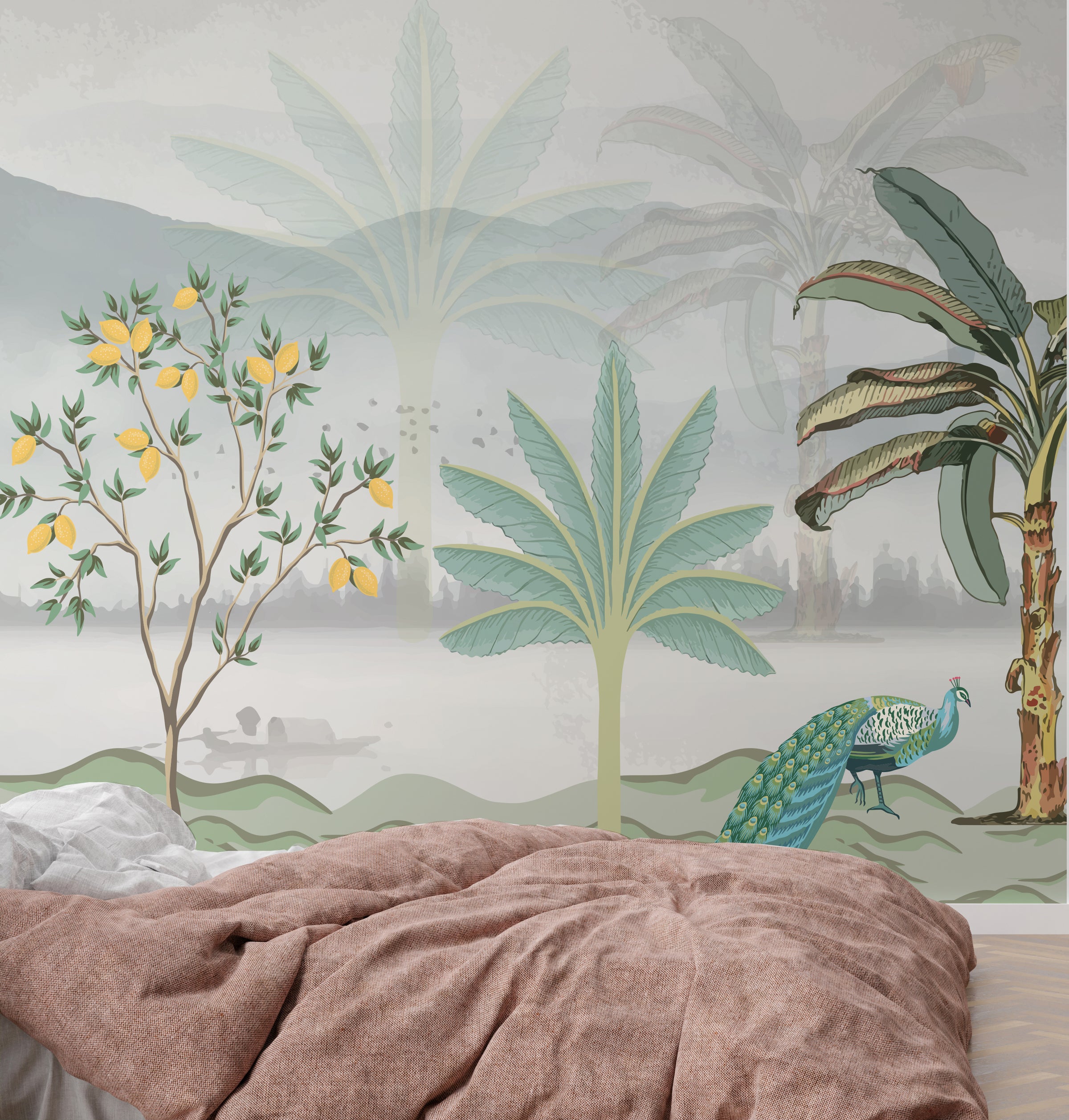 Elegant bedroom accent design with pastel palm trees and yellow lemon branches, serene interior vibe