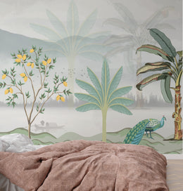 Elegant bedroom accent design with pastel palm trees and yellow lemon branches, serene interior vibe
