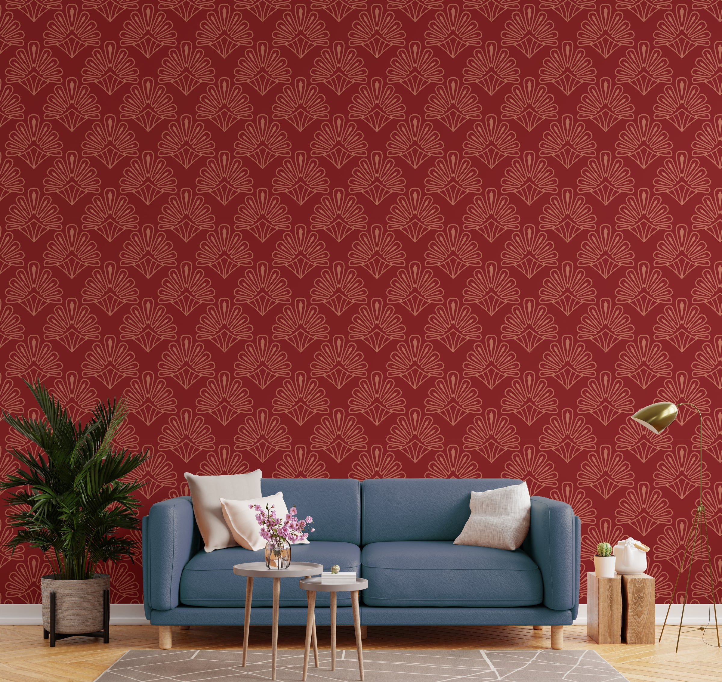 Art Deco Damask Design | Red Vintage Peel and Stick Wallpaper