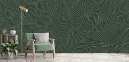 Modern foliage illustration wallpaper for contemporary dining area backdrop
