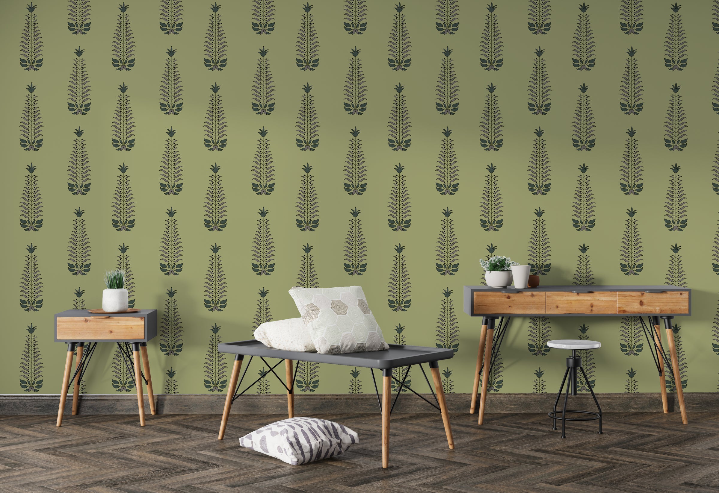 Green leaf pattern wallpaper bringing refined and natural aesthetic to modern dining room