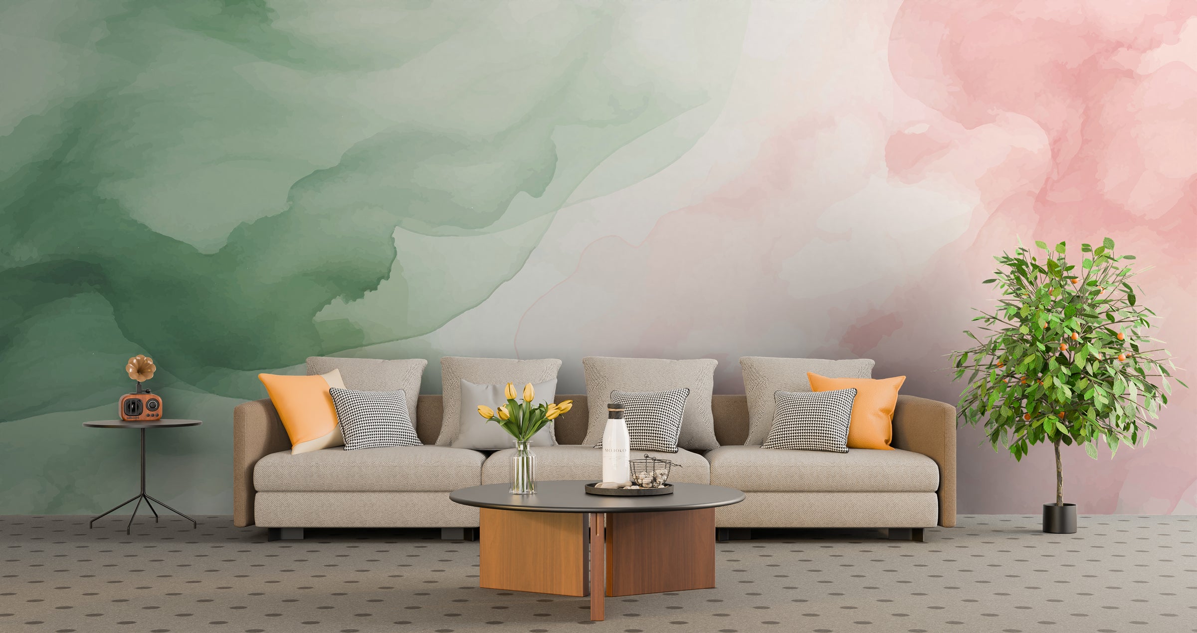 Elegant living room accent featuring pastel watercolor design with soft pink green gradient tones