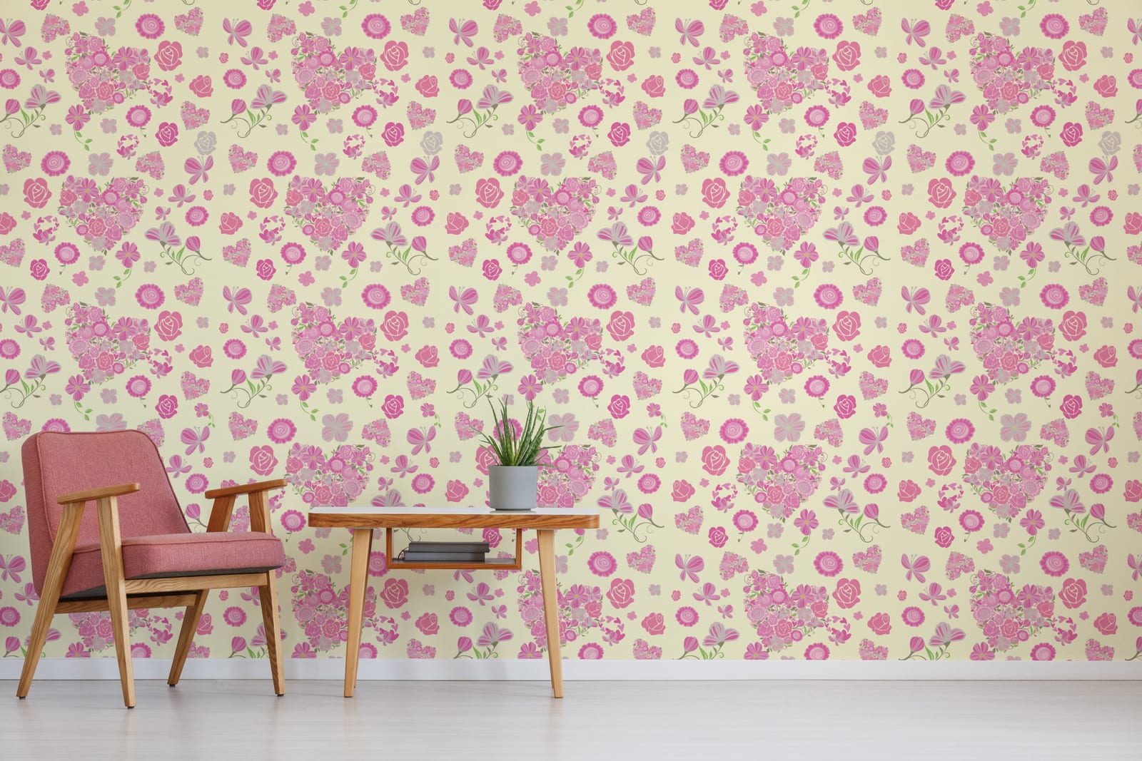Pink Butterfly Floral Wallpaper | Pastel Heart Peel and Stick Decor